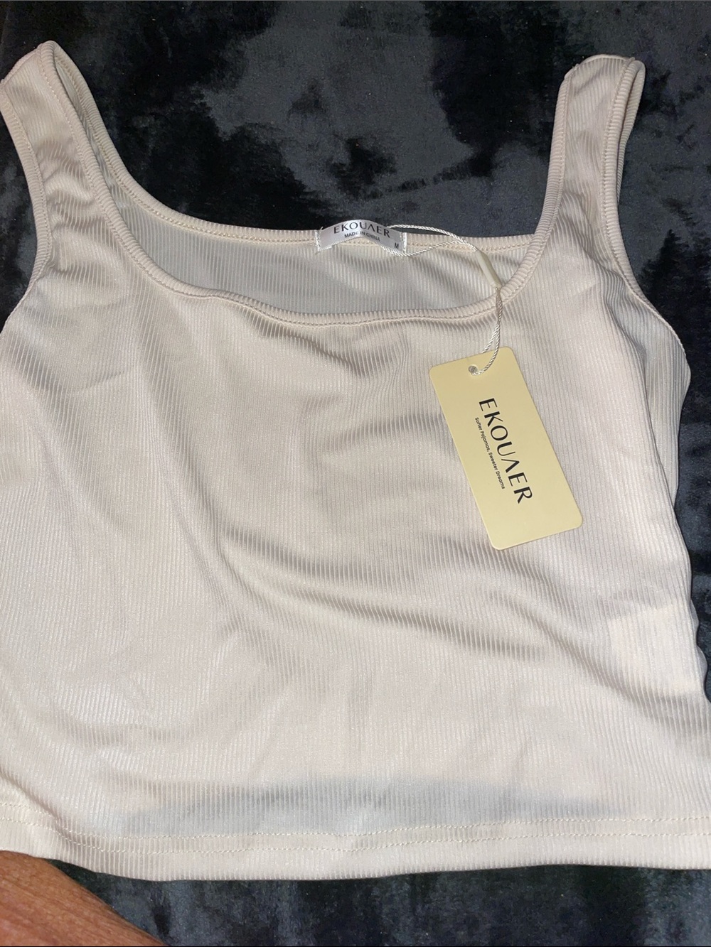 Ekouaer Cream Ribbed Square-Neck Crop Top